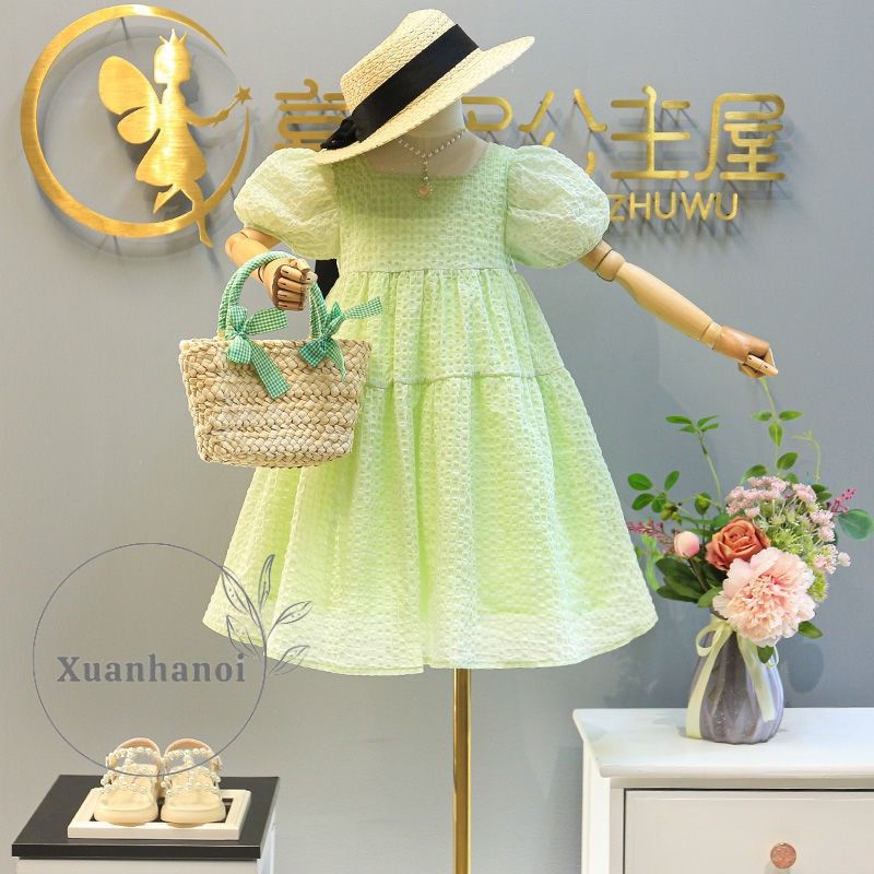 Váy bé gái xanh cốm 2 tầng nơ lưng XHN1016