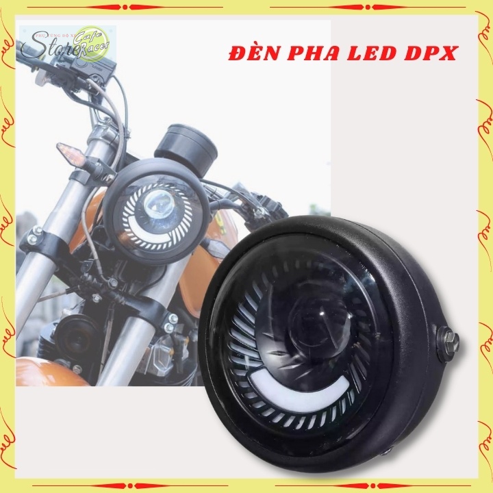 Đen led pha cao cấp, đèn xe máy độ CAFE RACER dạng xoắn gáo sắt sơn đen mặt kính