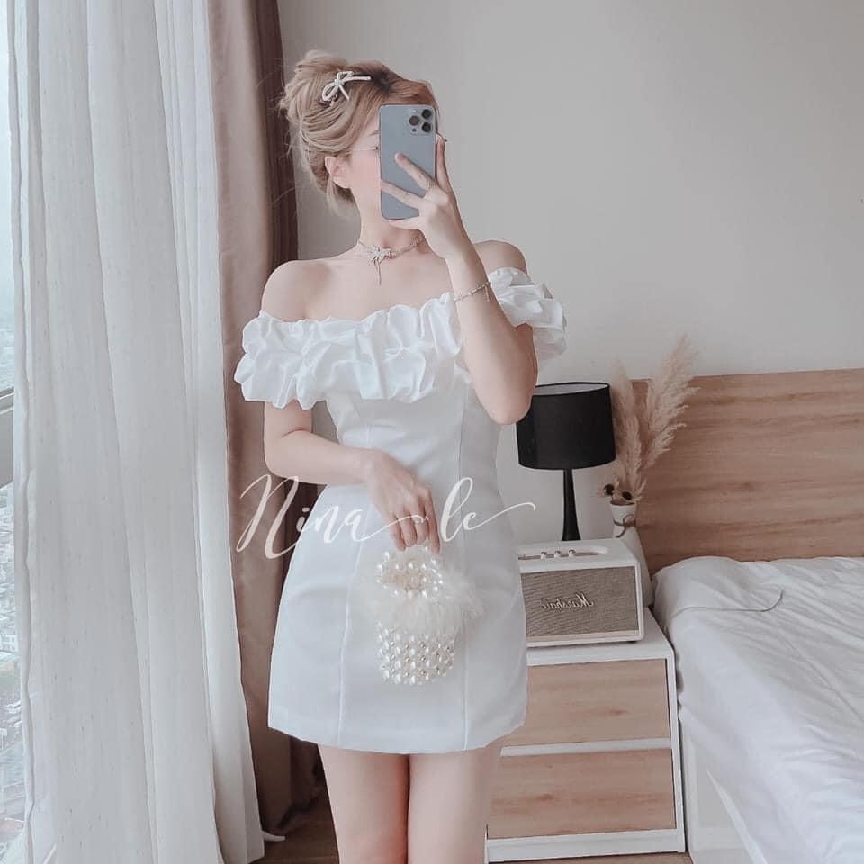 [8.8 Sales Freeship] Đầm trắng nữ đi tiệc, đầm trắng bèo nhún ngực trễ vai ôm body dáng ngắn quyến rũ, sang chảnh