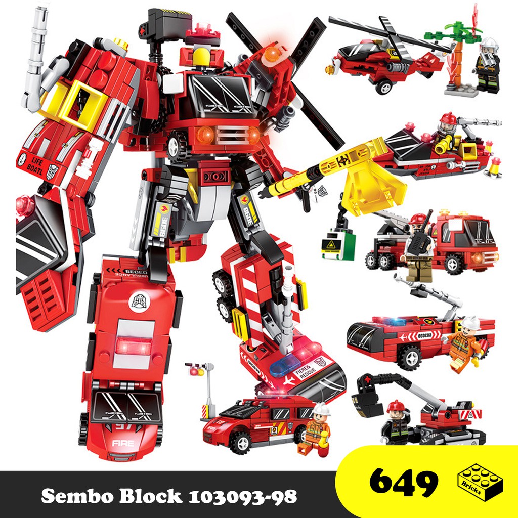 Đồ chơi lắp ráp Robot Cứu hỏa 6 trong 1 - Robot Transformer Sembo Block 103093 - Đồ chơi Lego 649 mảnh ghép