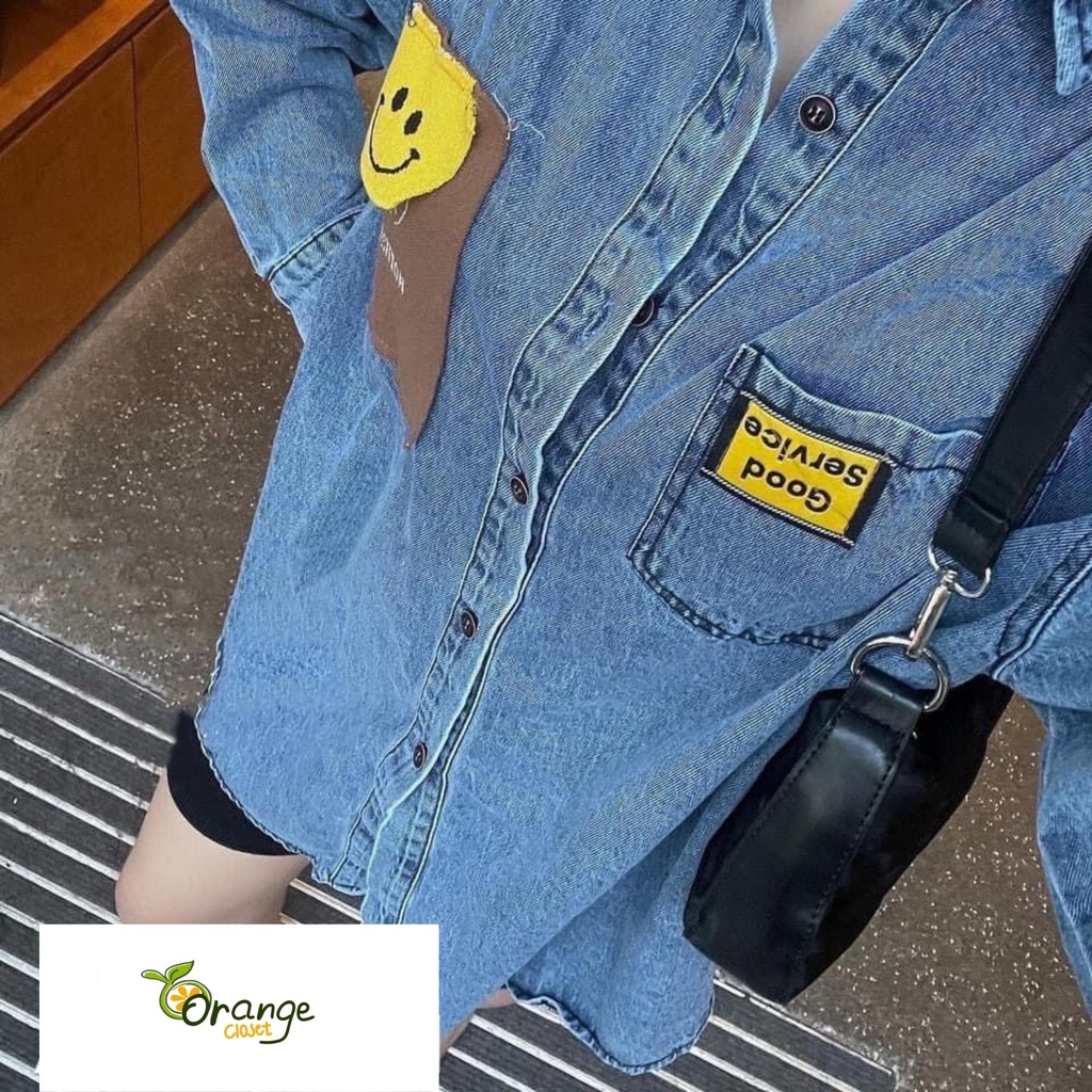 Áo sơ mi jean nữ có túi tay dài phối hình dễ thương. Áo sơ mi bò nữ tay dài Free size 45&gt;&gt;60kg OR26301