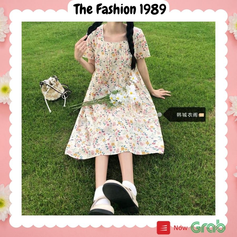 Váy hoa nhí - váy babydoll ulzzang hoa nhí xếp ly ngực ( màu hoa be một màu)