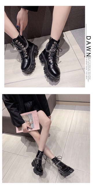 Boots Martin cổ ngắn dây xích đế răng cưa cao 6cm phong cách Ulzzang có khoá sườn | BigBuy360 - bigbuy360.vn