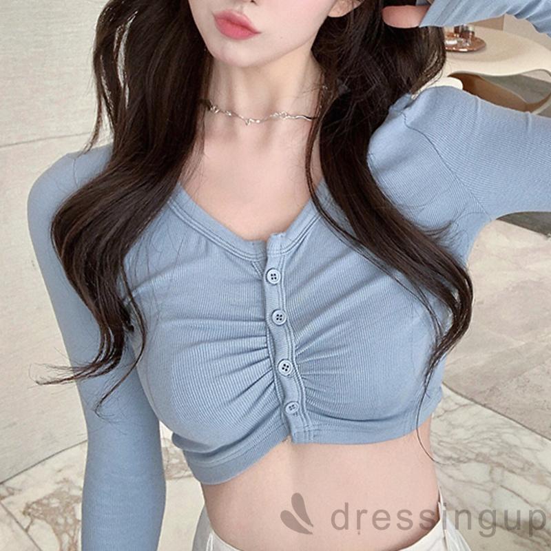 Áo thun ôm tay dài cổ tròn cài nút thời trang xuân thu cho nữ