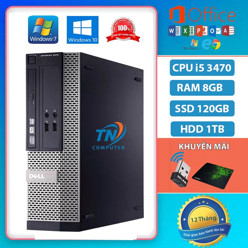 Máy tính để bàn DELL Optiplex 3010 Cấu hình core i5 3470 Ram 8GB, Ổ cứng SSD 120GB + HDD 1TB + Kèm Qùa Tặng
