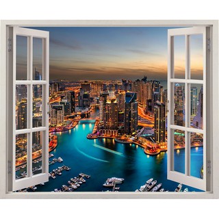 Tranh dán tường cửa sổ HD Vẻ đẹp thành phố Dubai về đêm CS-0075 Kim sa