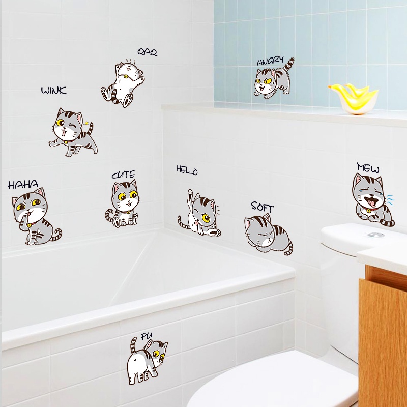 Sticker dán tường PVC chống nước hình mèo hoạt hình nhiều màu sắc trang trí phòng trẻ em