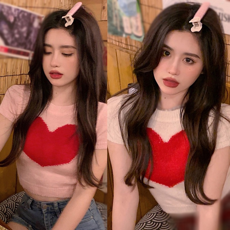 Áo croptop dệt kim tay ngắn dáng ôm in họa tiết trái tim thời trang mùa hè Hàn Quốc gợi cảm cho nữ