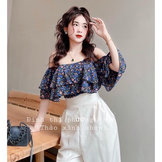 set quần trắng ống suông rộng + áo croptop hoa bèo bẹt vai đen xanh (ảnh thật)