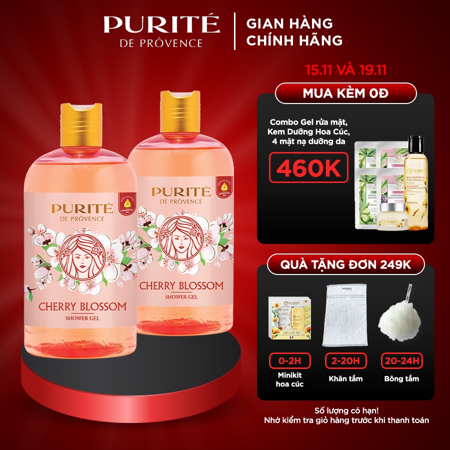 [Mã FMCGMALL -8% đơn 250K] Combo 2 Sữa Tắm Thiên Nhiên Hoa Anh Đào Purité 500ml/chai