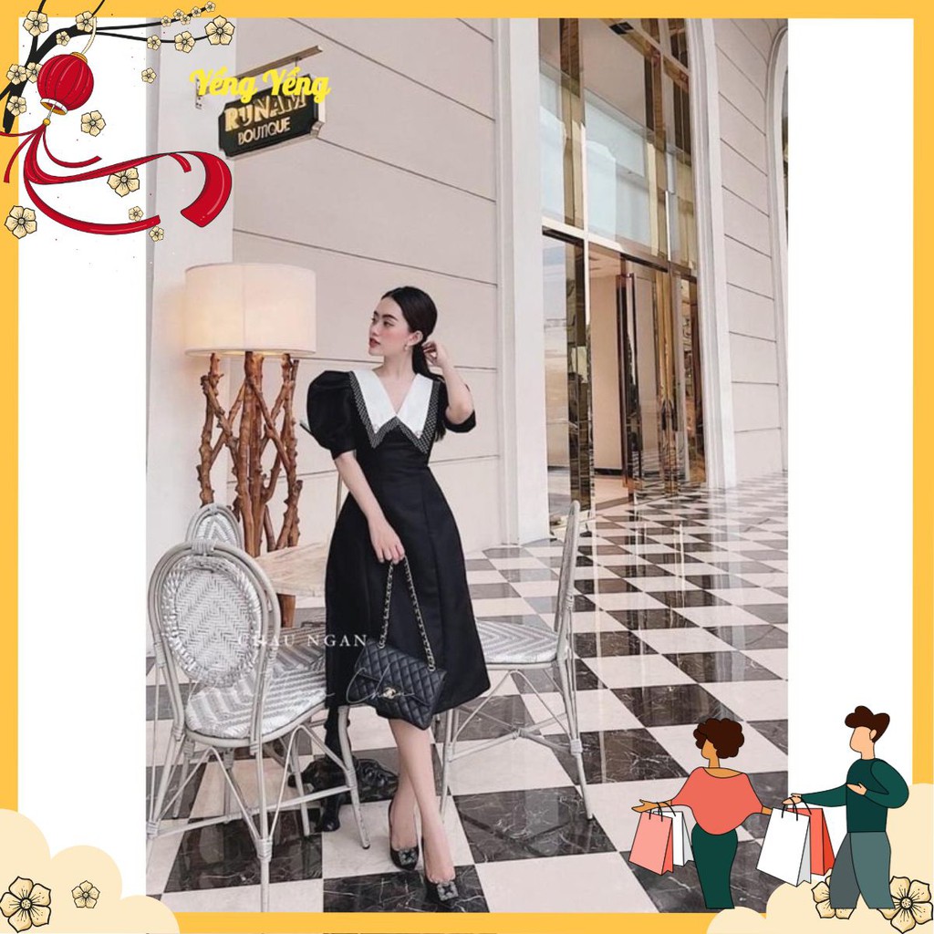 VNU276 - VÁY ĐEN XOÈ PHỐI CỔ TRẮNG VIỀN REN