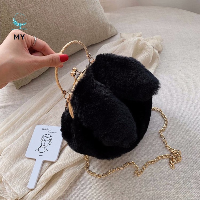 Túi Đeo Chéo Dây Xích Kim Loại Vải Lông Hình Tai Thỏ Thời Trang Cho Phụ Nữ
