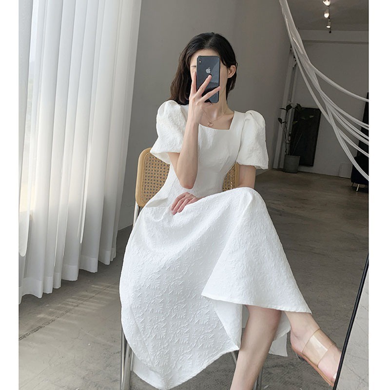 Váy đầm dự tiệc trắng đen hai lớp dày dặn cổ vuông tay ngắn chất đẹp cực sang phong cách Hàn Quốc