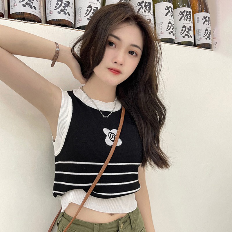 Áo Tank Top Dệt Kim Sát Nách In Hoa Phối Màu Tương Phản Thời Trang Mùa Hè Cho Nữ