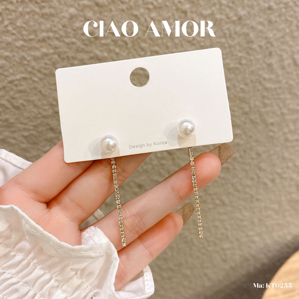 KT0255-Khuyên tai nữ, Bông tai dài bạc 925 dây đính đá hạt ngọc Trang sức Ciao Amor