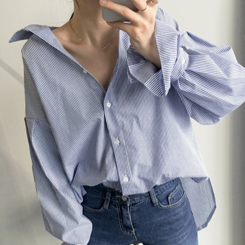 Áo sơ mi FONKEN tay phồng kẻ sọc phong cách Hàn Quốc cho nữ