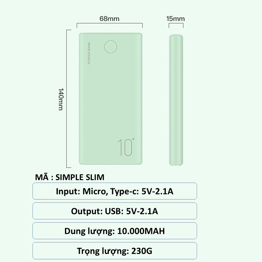 Sạc dự phòng ONC Simple Slim 10000mAh, Pin dự phòng sạc nhanh chính hãng