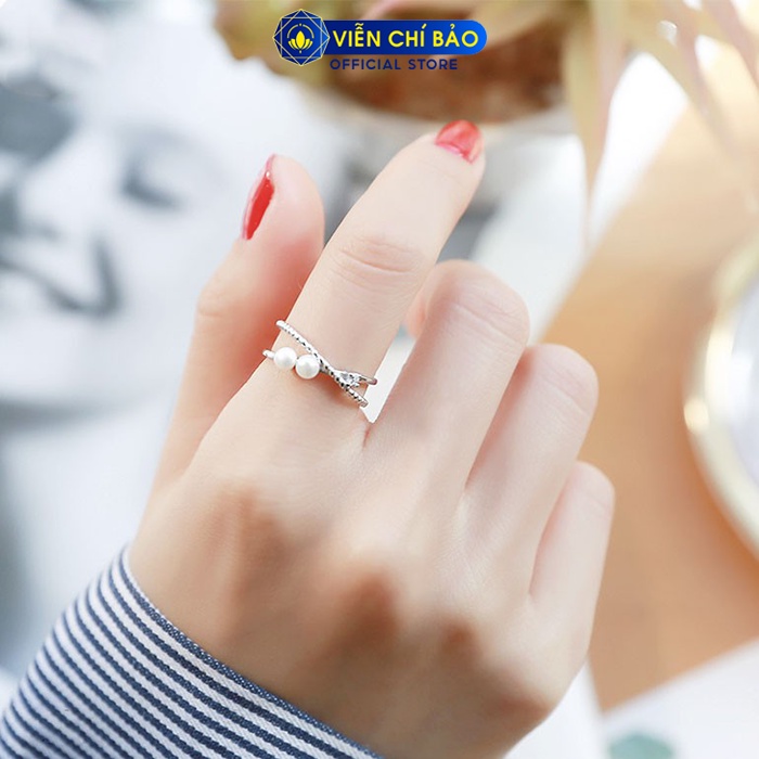 Nhẫn bạc nữ chéo chữ X cách điệu đính hạt châu bạc 925 thời trang phụ kiện trang sức nữ Viễn Chí Bảo N400569
