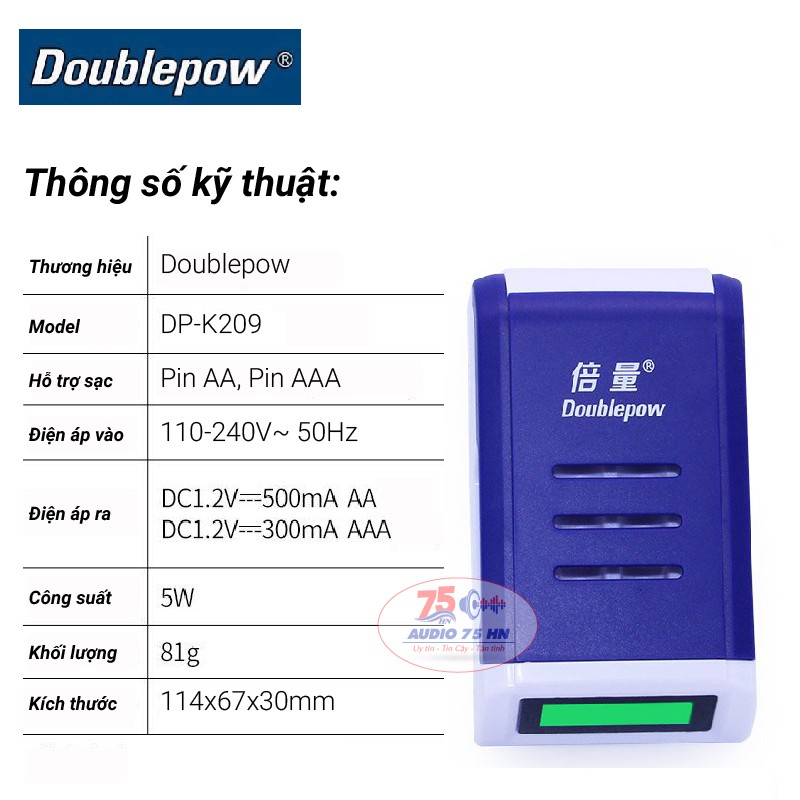{Chính hãng} Bộ Sạc Pin AA, AAA K209 Doublepow tự ngắt khi đầy Tốc Độ Cao Hiển Thị Màn Hình LCD