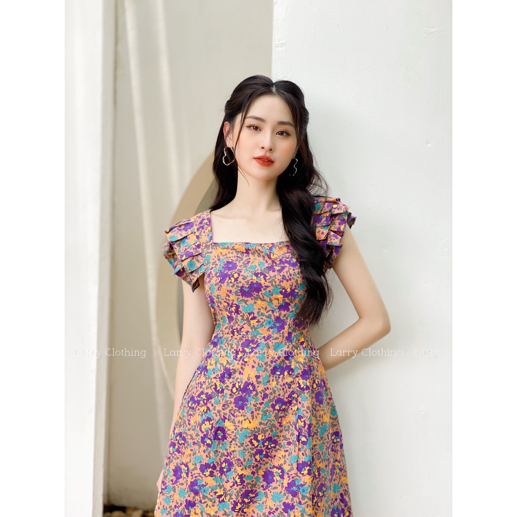 Đầm thiết kế nữ váy cổ vuông chiết eo tay bèo chất thô Hàn 2 lớp váy đi chơi thời trang thiết kế Larry Clothing V076