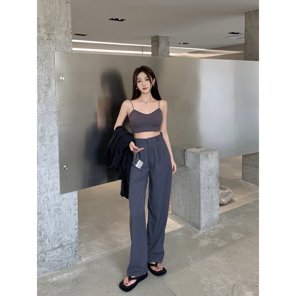 COZOK Quần dài nữ ống rộng lưng cao màu đen thời trang mùa thu 2021