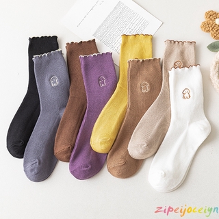 Tất cotton cổ vừa thêu họa tiết hoạt hình phong cách Nhật Bản xinh xắn cho nữ