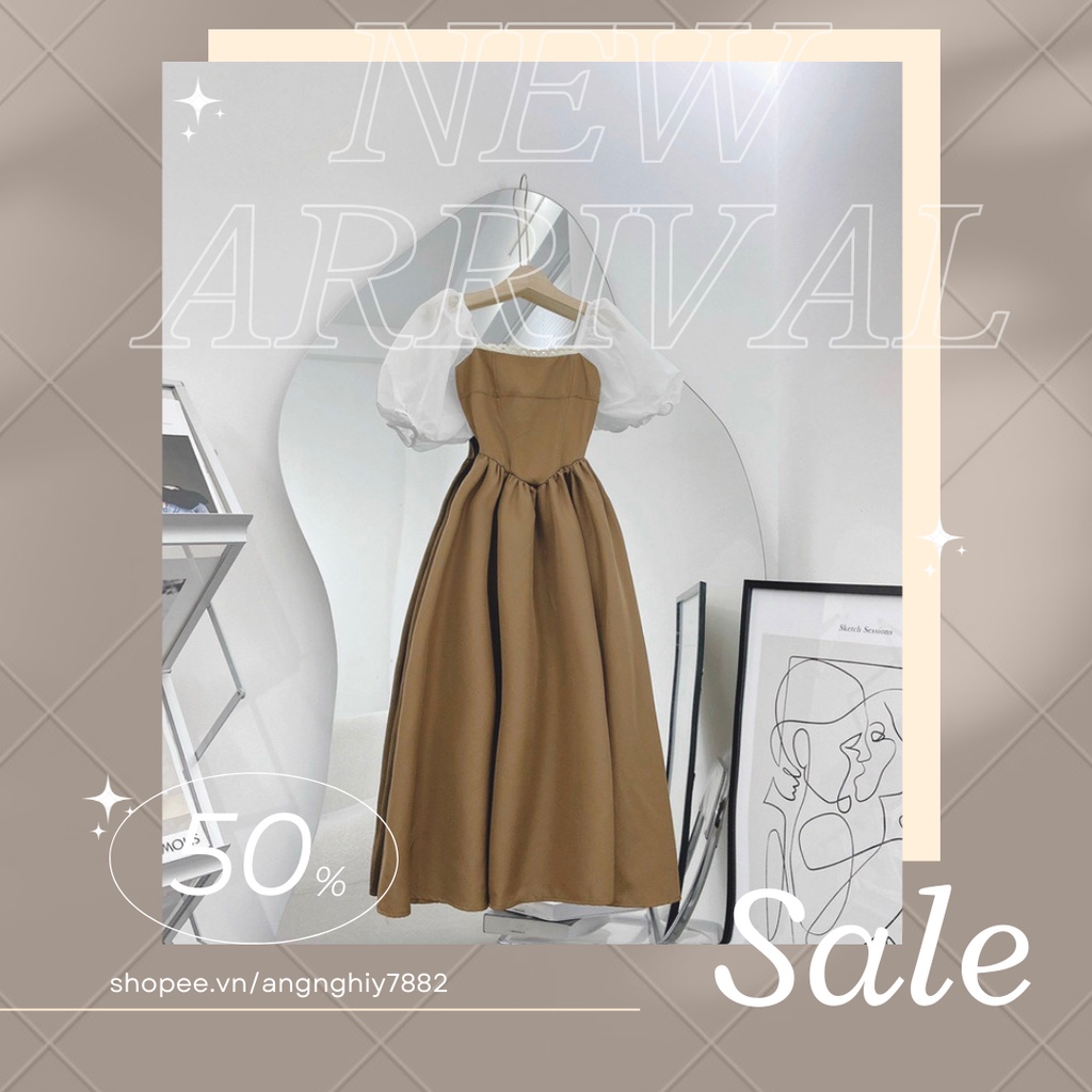 Váy đầm nữ nâu tay phồng bo chun phối ren ôm eo dáng xòe freesize phù hợp dự tiệc dạo phố dễ thương