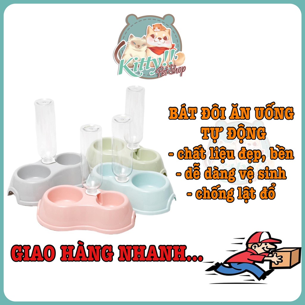 Bát ăn nhựa đôi có bình tự động cho thú cưng - Chén ăn, bát ăn đôi có chai nước tự động 500ml cho chó mèo