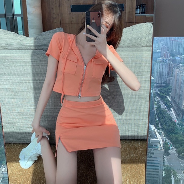 Set áo khoác có mũ + chân váy ngắn phong cách thể thao thời trang Hàn Quốc mùa hè năm 2021 mới