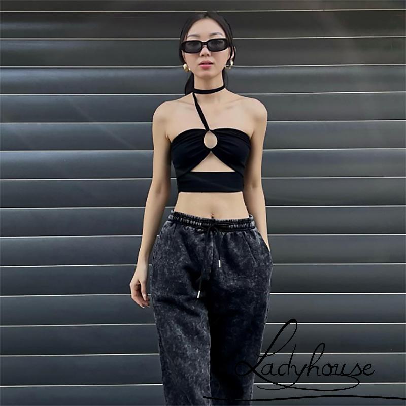 Áo hai dây Hở Rốn Cổ Thuyền Màu Trơn Thời Trang Dành Cho Nữ