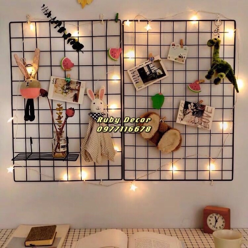Giỏ lưới, khung lưới sắt trang trí,decor phòng làm việc bàn học,đèn led,kẹp gỗ,