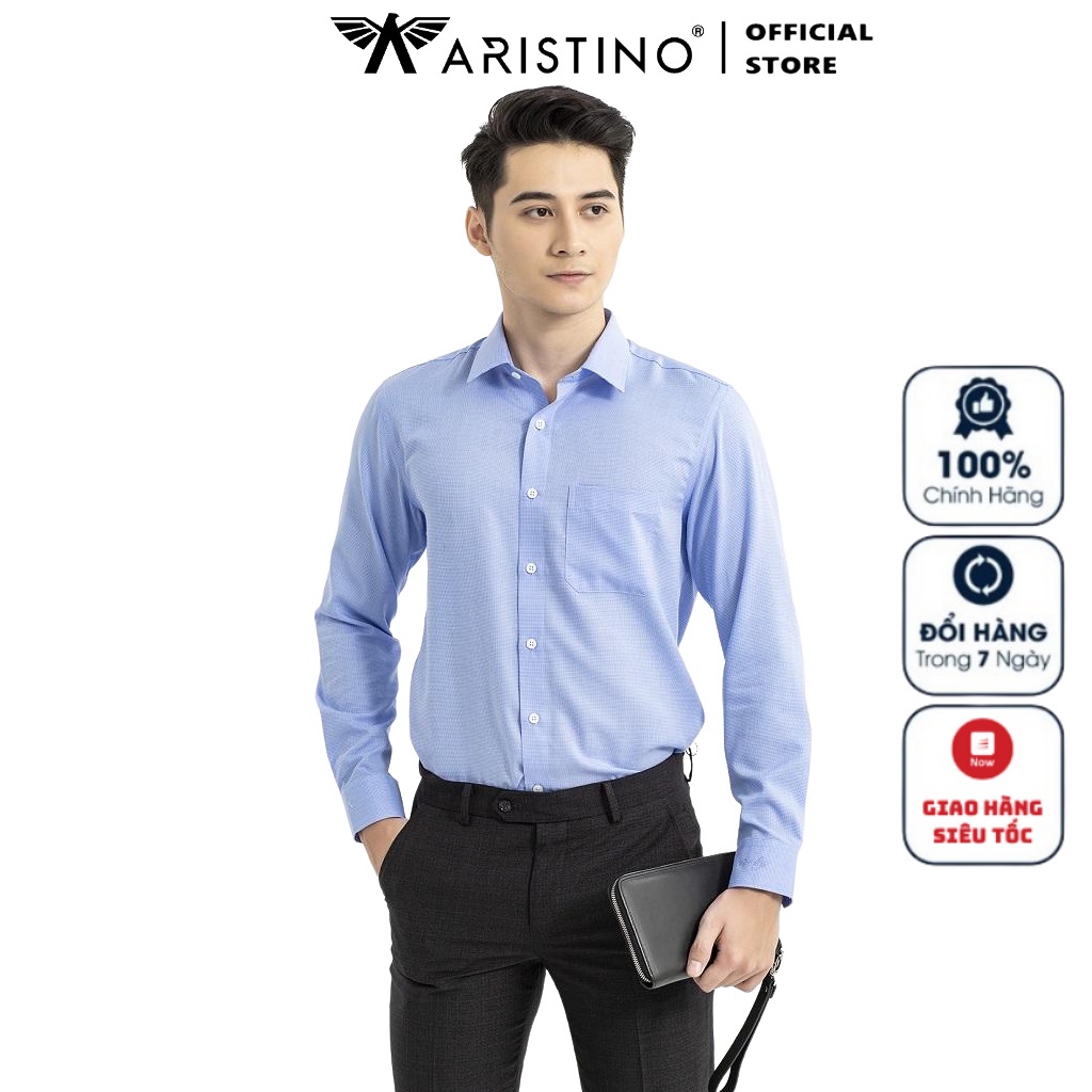 Áo Sơ Mi Nam Dài Tay ARISTINO ALS25701 Somi Công Sở Cao Cấp Màu Xanh Dệt Dobby Chất Liệu Sợi Tre Dáng Suông Có Túi