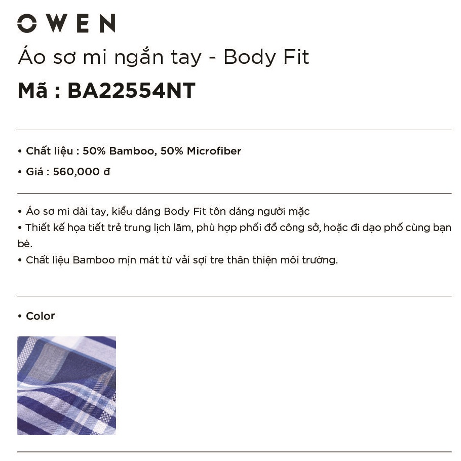 Áo Sơ Mi Nam Ngắn Tay Owen BA22554NT Sơ Mi Cộc Tay Công Sở Cao Cấp Màu Xanh Navy Kẻ Caro Vải Sợi Tre Body Fit Tà Bằng