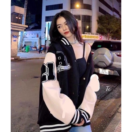 Áo Khoác Bomber Phối Tay Nam Nữ LOGO B Chất Vải Kaki Nhung Lót Dù Form Rộng
