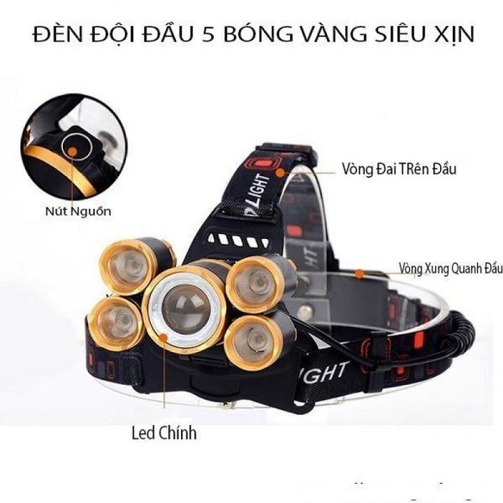 𝑺𝑰𝑬̂𝑼 𝑺𝑨́𝑵𝑮 Đèn bin siêu sáng - Đèn pin đội đầu 5 bóng LED T6 gồm 3 chế độ sáng + Tặng kèm 2 pin sạc và sạc