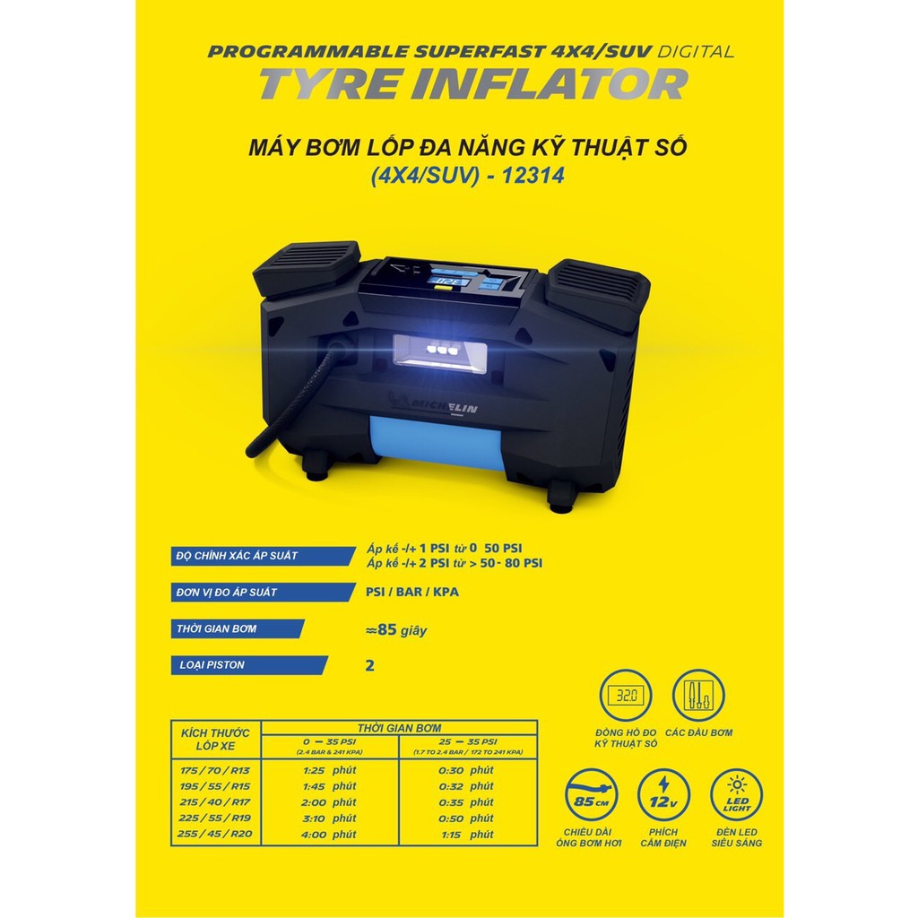 Máy bơm ô tô, bơm khí nén siêu tốc Michelin 12314  bơm trong 85 giây