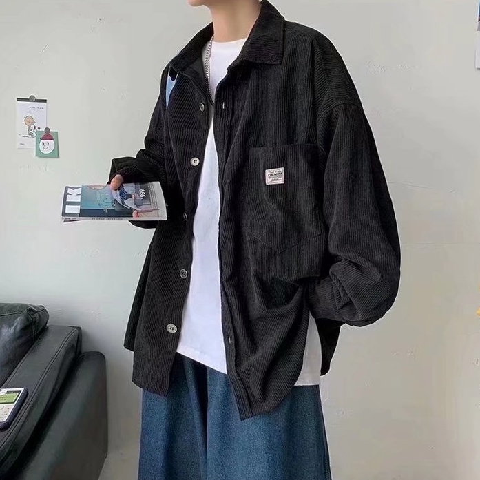 Áo sơ mi nam tay dài kẻ sọc thời trang Phong cách Hàn Quốc Plus Size Đơn giản Gấp trên Cổ áo Áo khoác Unisex