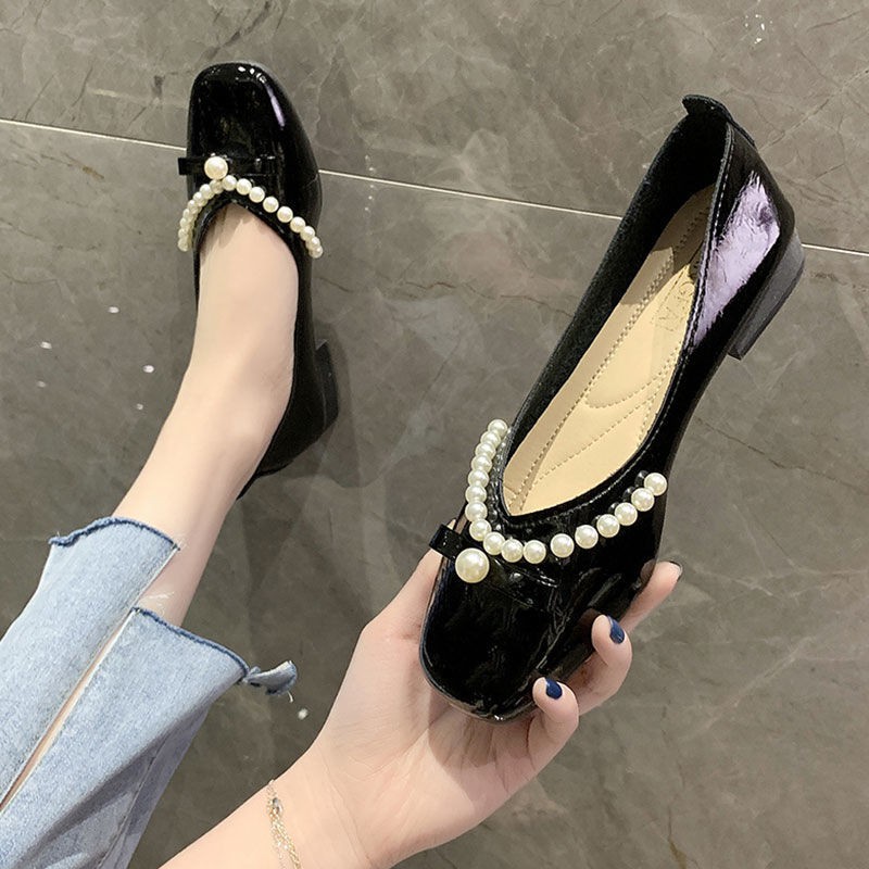 Giày búp bê gót dày cổ thấp đính ngọc trai thời trang mùa xuân cho nữ