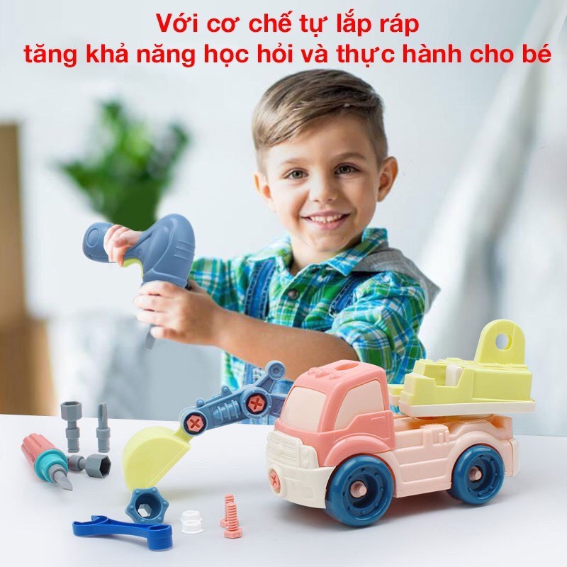 Bộ đồ chơi lắp ráp các loại xe công trình kỹ thuật_ gồm 4 xe nhiều màu sắc kích thích giác quan của trẻ