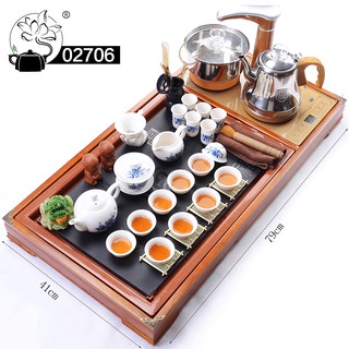 Bàn trà điện thông minh bàn gỗ mặt đá ấm chén gốm sứ tử sa để phòng khách - Mã : 02701-19