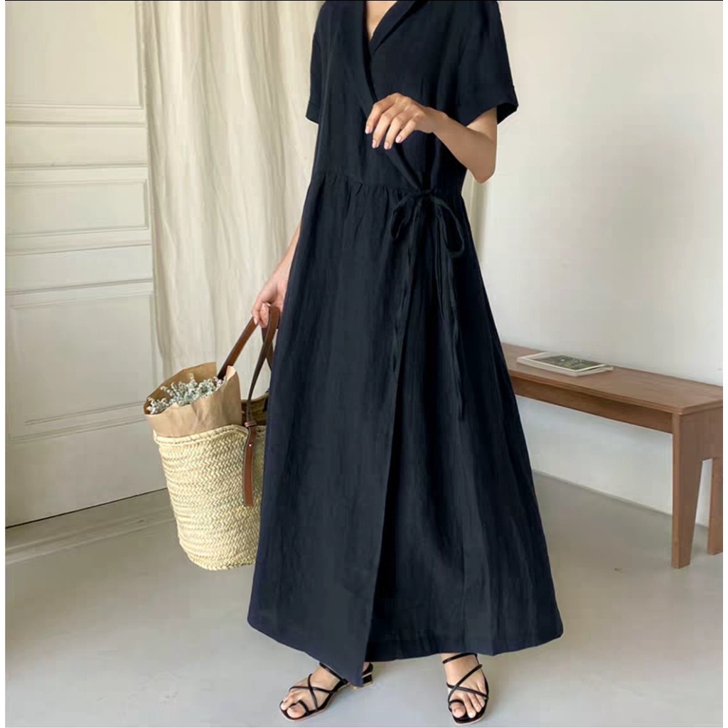 Váy maxi vải lanh kiểu cổ sơ mi phong cách Hàn Quốc/ Korea Style