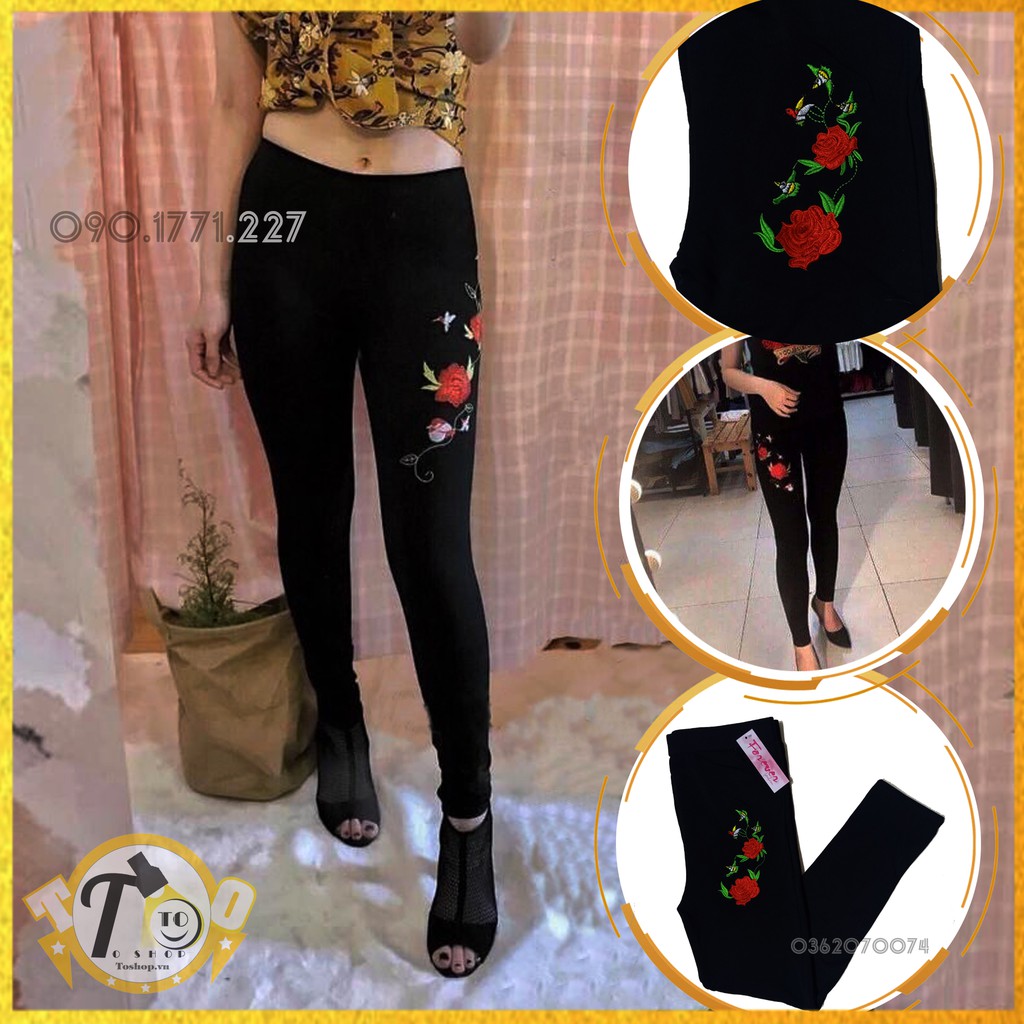 Quần legging thêu hoa hồng - thun nữ ôm body [ảnh + video thực tế]