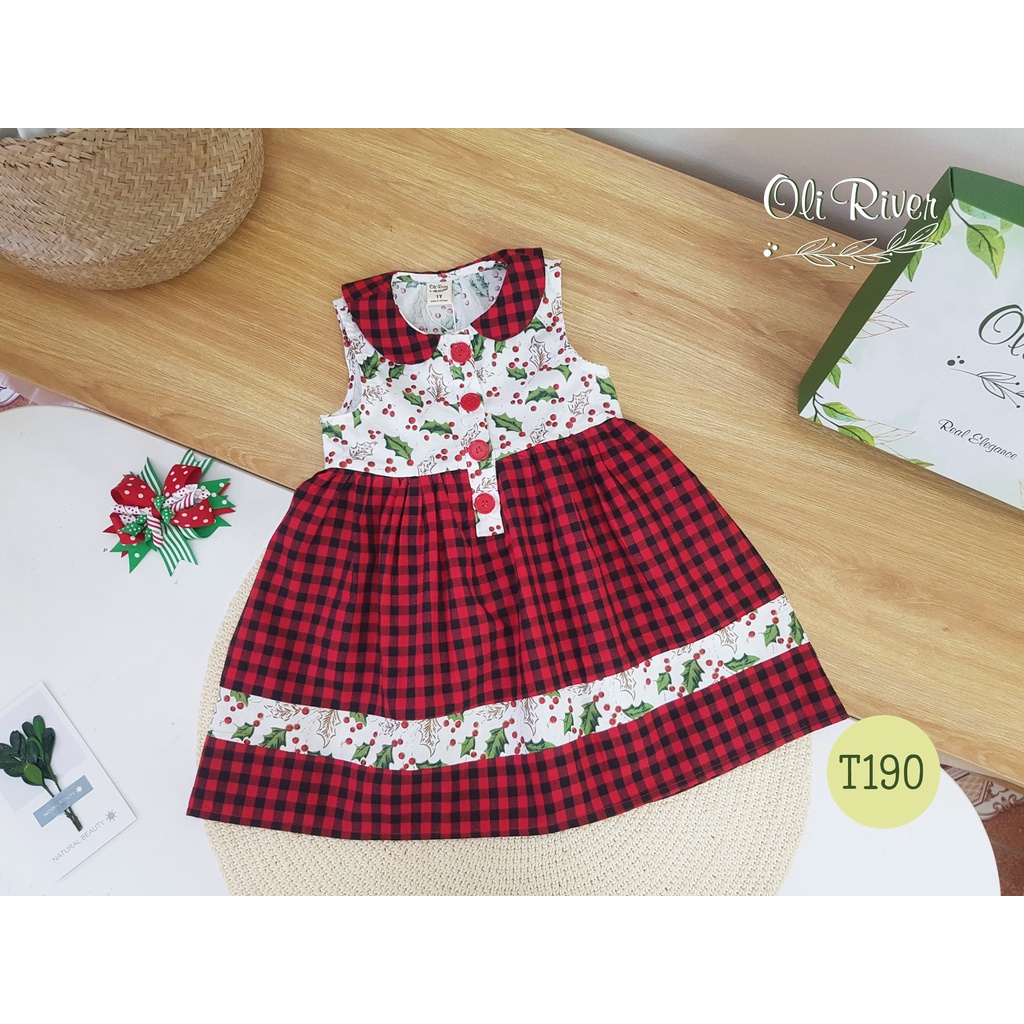 (1->10 tuổi) Váy đầm caro đỏ họa tiết hoa lá chuẩn hãng Oli River (T190)