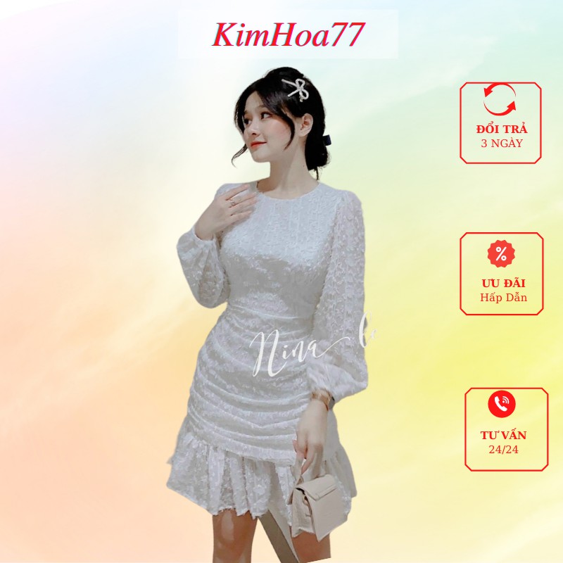 Váy body đầm nữ dự tiệc freesize chất voan bi xếp ly đuôi cá tay dài kimhoa77