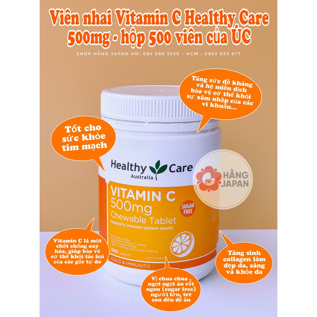 Viên nhai bổ sung Vitamin C Healthy Care Vitamin C 500mg - 500 viên