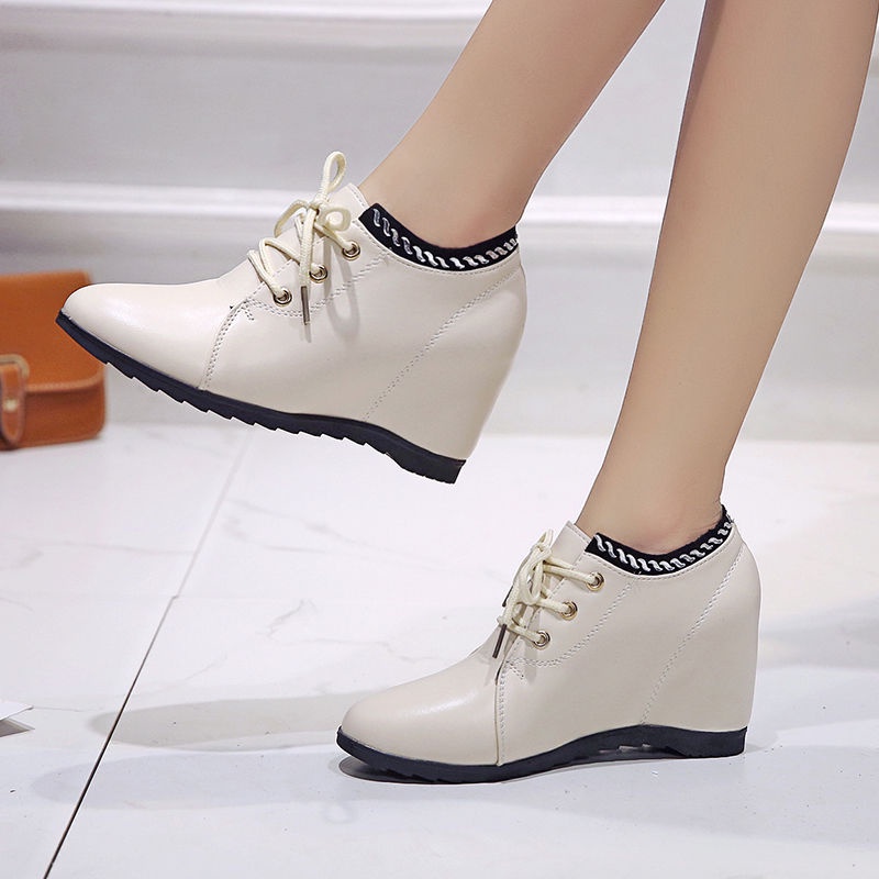 ◕Giày Bốt Cao Gót Cổ Ngắn Nữ Đế Thô Cột Dây Bằng Da Lộn