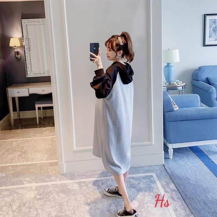 Váy suông nỉ cho nữ dáng rông Laya.store - Đầm suông nữ in số 76 có mũ Q066