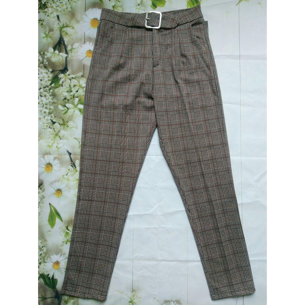 QUẦN BAGGY NỮ  VẢI UMI, ĐAI VUÔNG KẺ