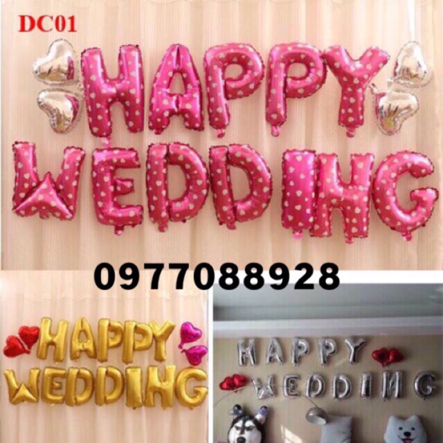 Combo Bóng Chữ Happy Wedding + 4 Bóng Trái Tim