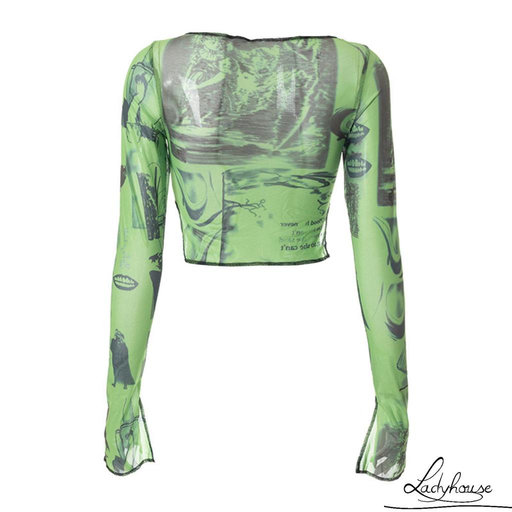 Áo Thun Tay Dài Phối Lưới Hở Rốn In Họa Tiết Thời Trang Cho Nữ